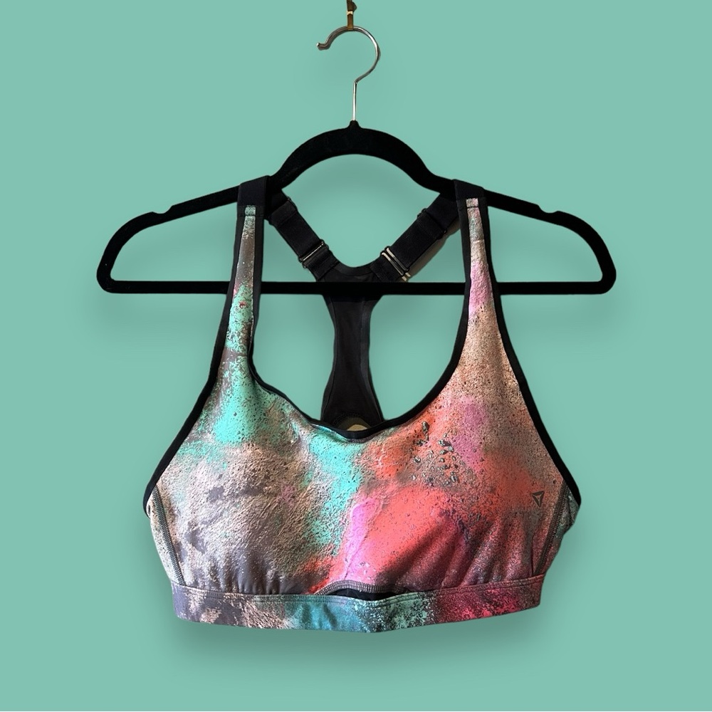 Reebok Coral/Pink/Green/Taupe Splatter Print Sports Bra w/Black Straps & Edging